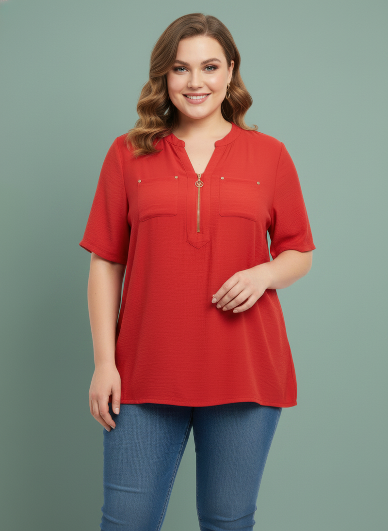 Zip-front Utility Pocket Knit Top