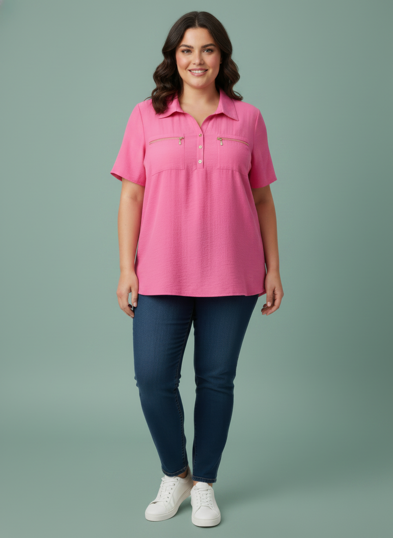 Zip Pocket Collared Knit Tunic Top