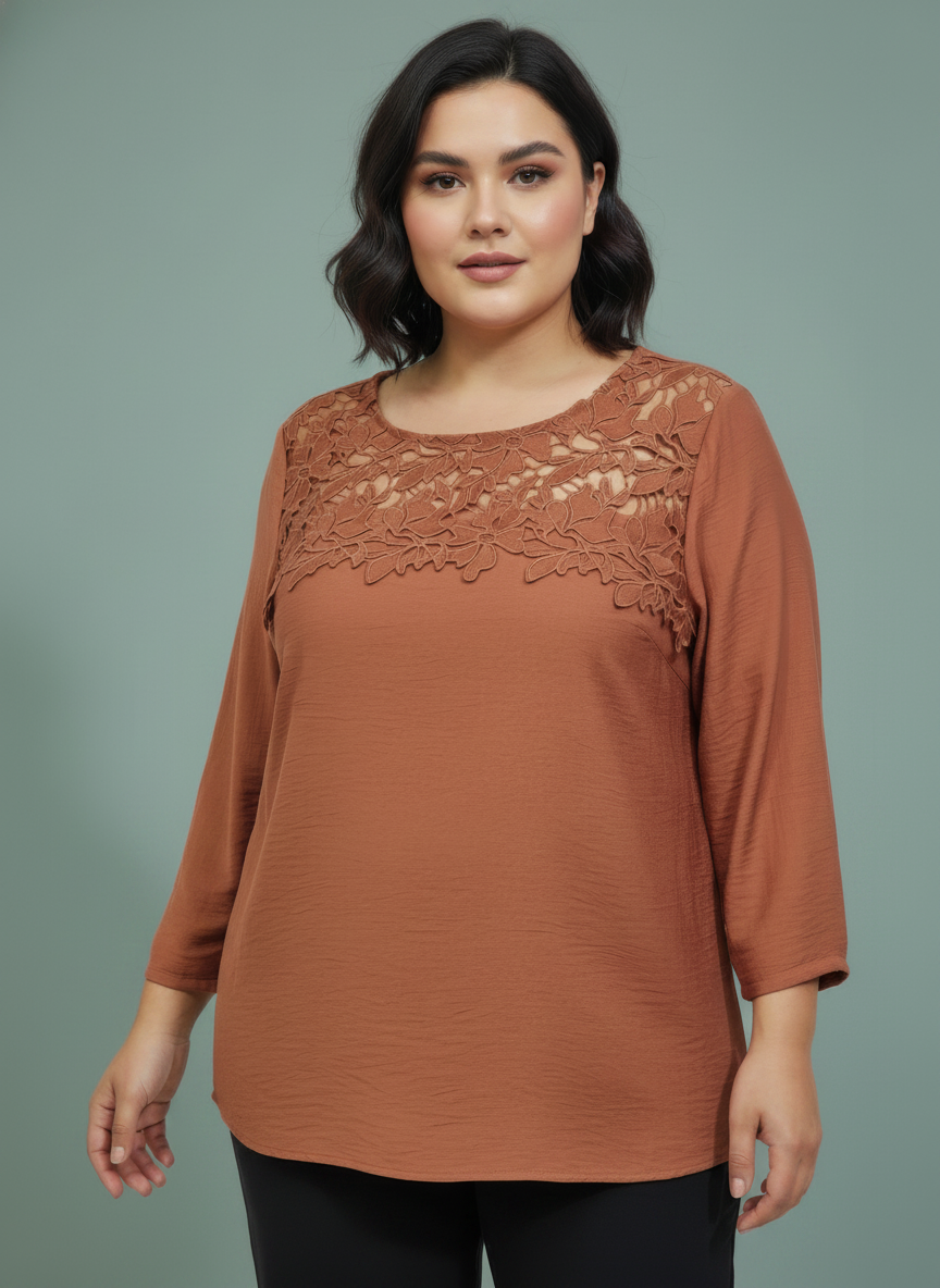 Lace Yoke Three-quarter Sleeve Knit Top