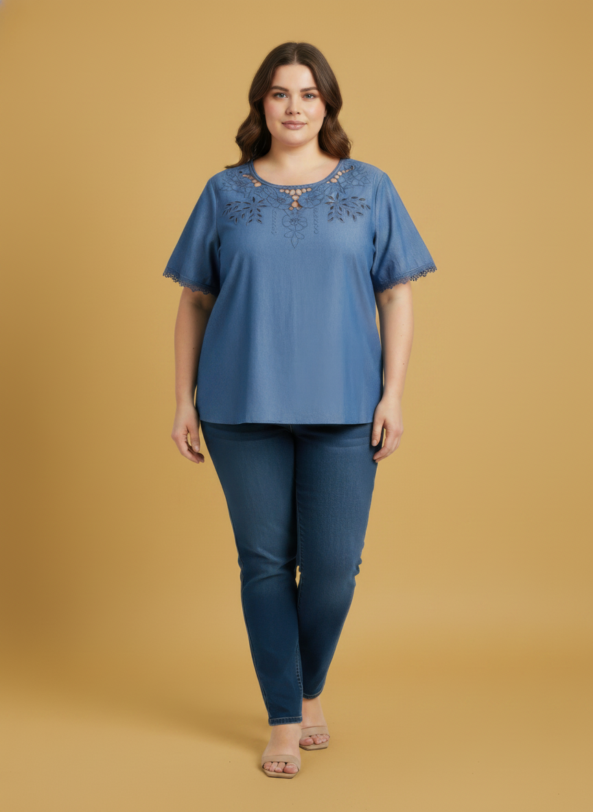 Embroidered Lace Trim Short Sleeve Knit Top