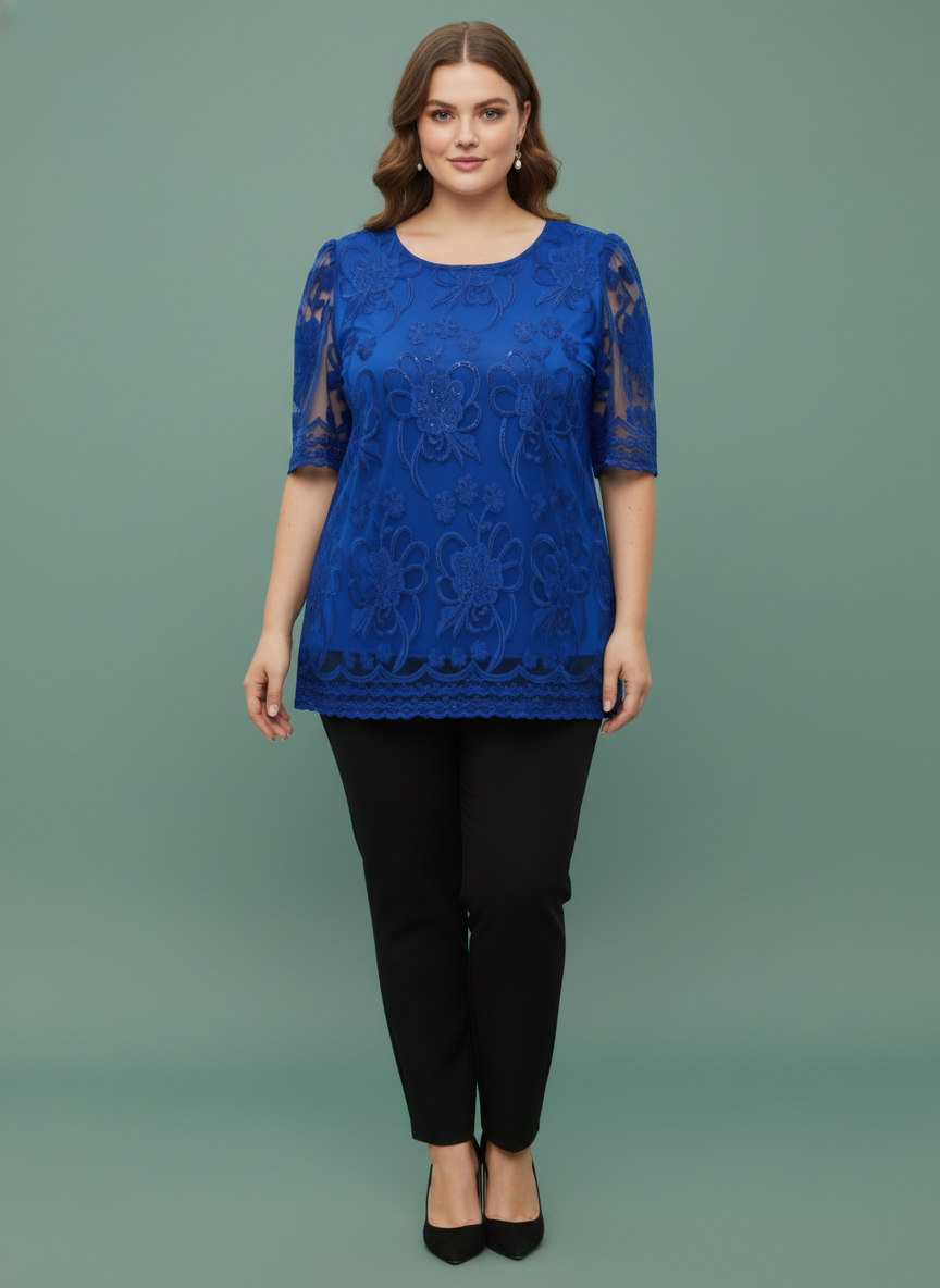 Embroidered Lace Overlay Short Sleeve Top