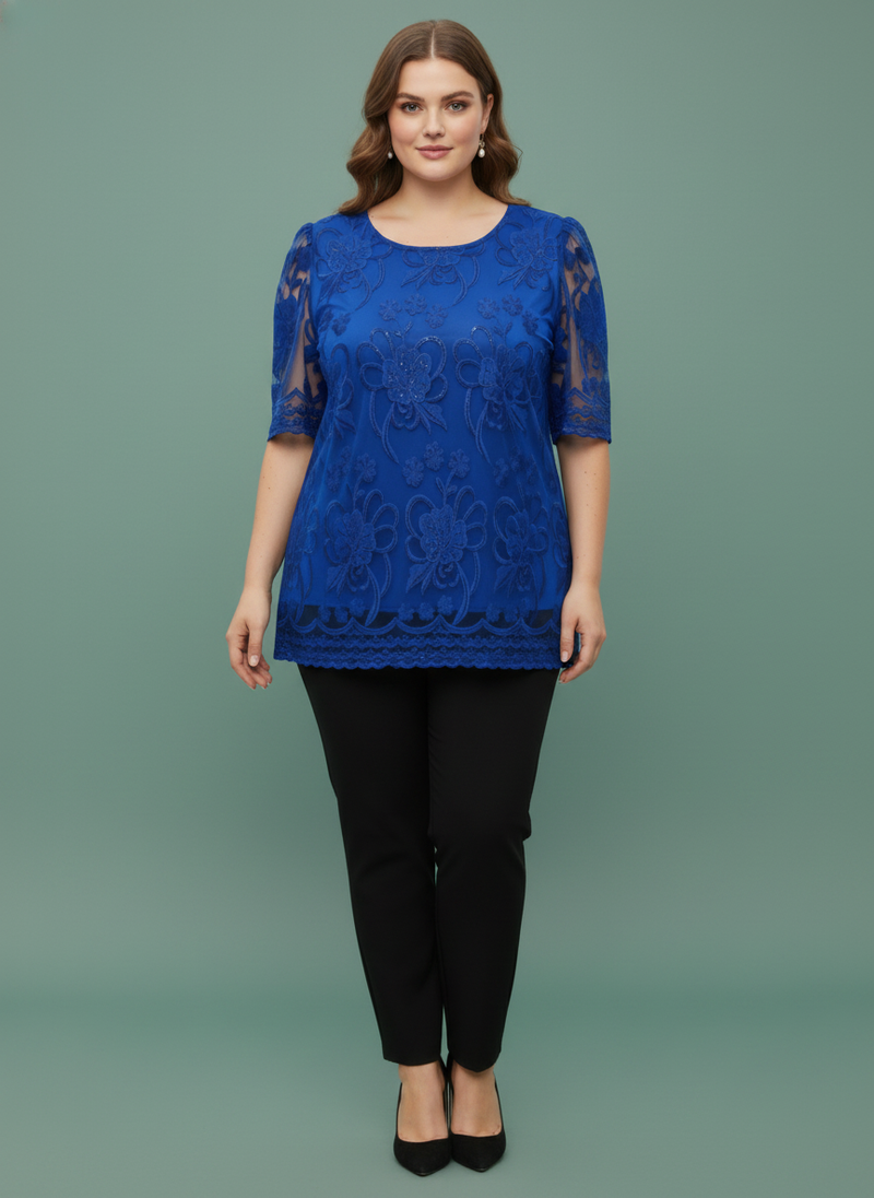 Embroidered Lace Overlay Short Sleeve Top