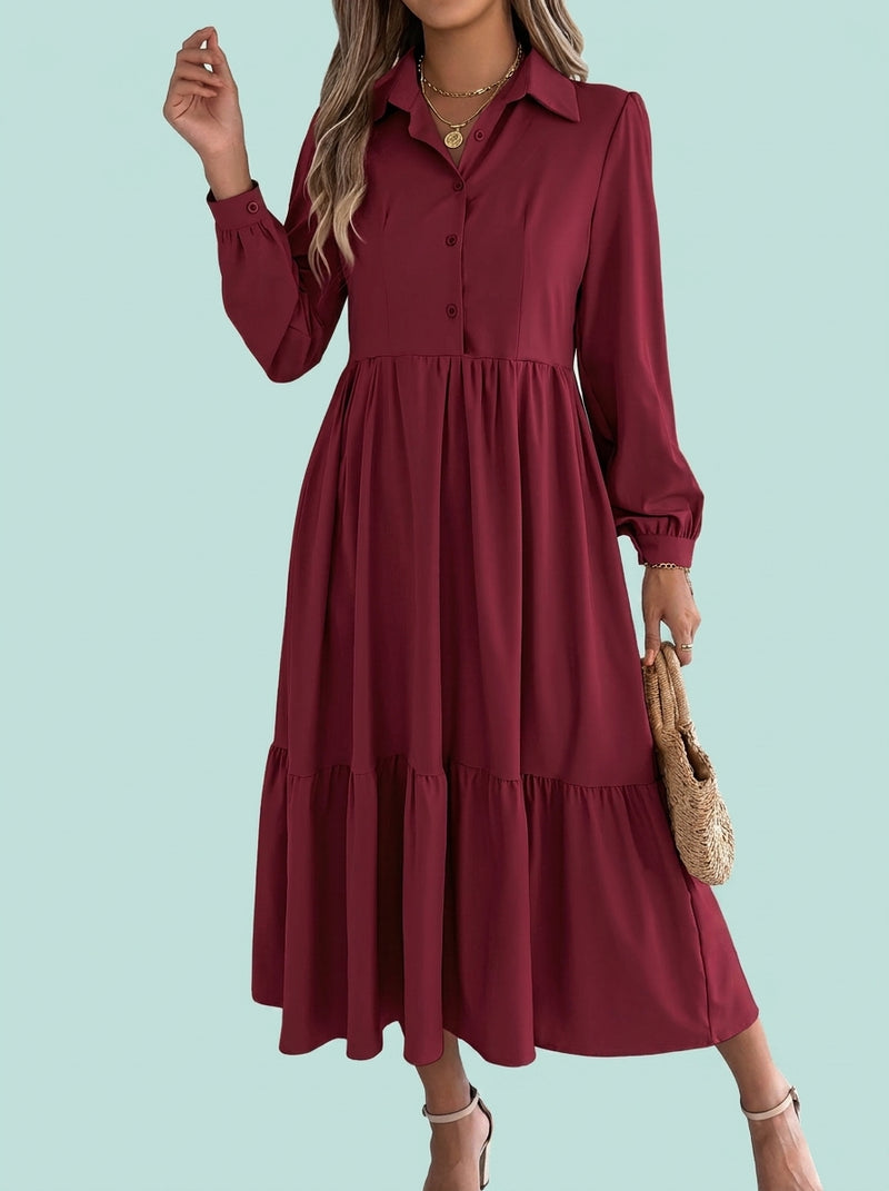 Lapel Loose Long Sleeve Ruffled Blouse Dress