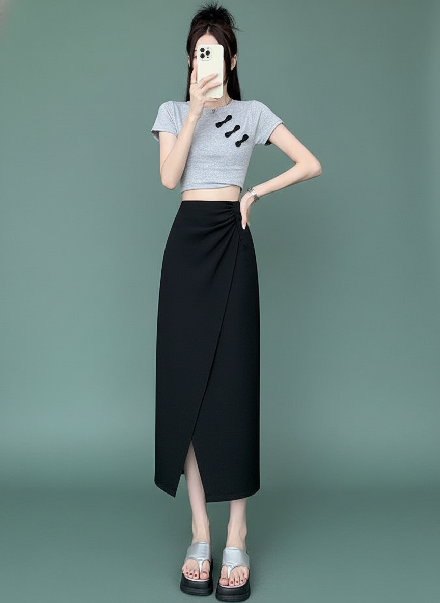 French Style Pleated High Waist Suit Skirt