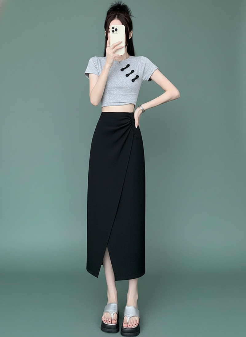 French Style Pleated High Waist Suit Skirt