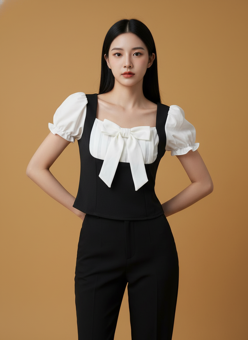 Bow Stitching Puff Sleeve Top