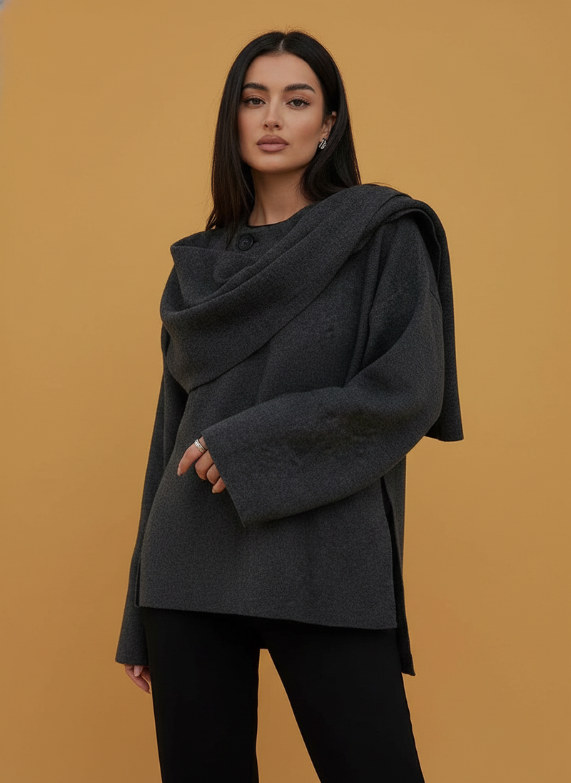 Solid Knitted Cardigan With Asymmetrical Scarf Design Short