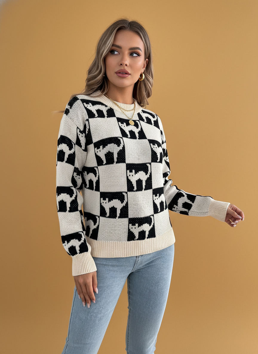 Halloween Plaid Lantern Sleeve Long Pullover Sweater