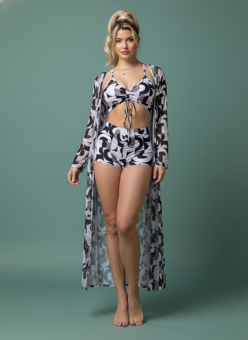 3pcs Pring Bikini With Long Sleeve Cardigan Beach Swimsuit