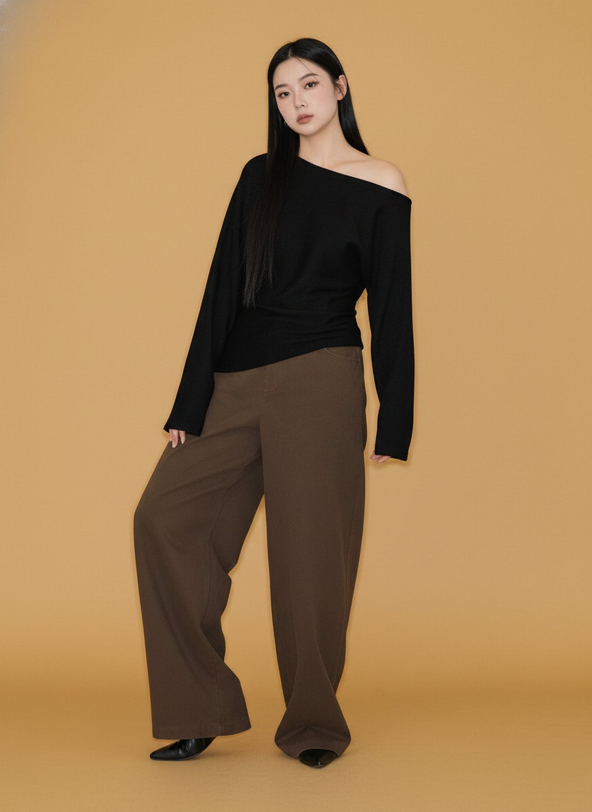 One-shoulder Cold Shoulder Long-sleeved Shirt Plus Size Top