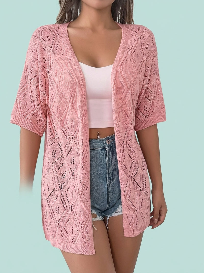 Hollow Out Plaid Short Sleeve Knit Beach Cover-Up